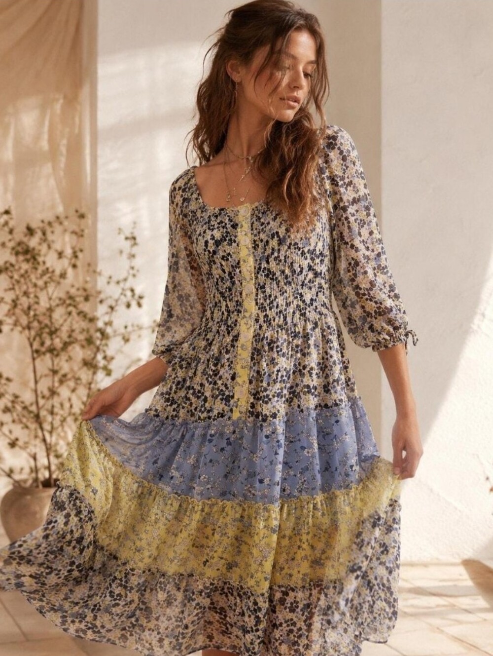 Bohemian Floral Tiered Midi Dress Blue Yellow NWT Size XL Figueroa & Flower Chic